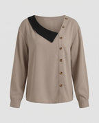 Women's long sleeve blouse with asymmetric collar and decorative buttons - Chichicherry