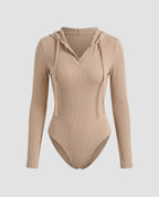 Women's Long Sleeve Bodysuit with Hood and Button Placket - Chichicherry
