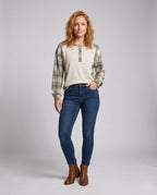 Women's Long Sleeve Shirt with Checkered Pattern and Textured Fabric - Chichicherry