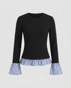 Women's long-sleeve shirt with playfully gathered ruffles and contrasting sleeves - Chichicherry