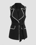 Women's long vest with elegant button closure and tapered belt - Chichicherry