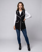 Women's long vest with elegant button closure and tapered belt - Chichicherry