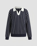 Women's stylish knit top with classic collar and striped pattern - Chichicherry