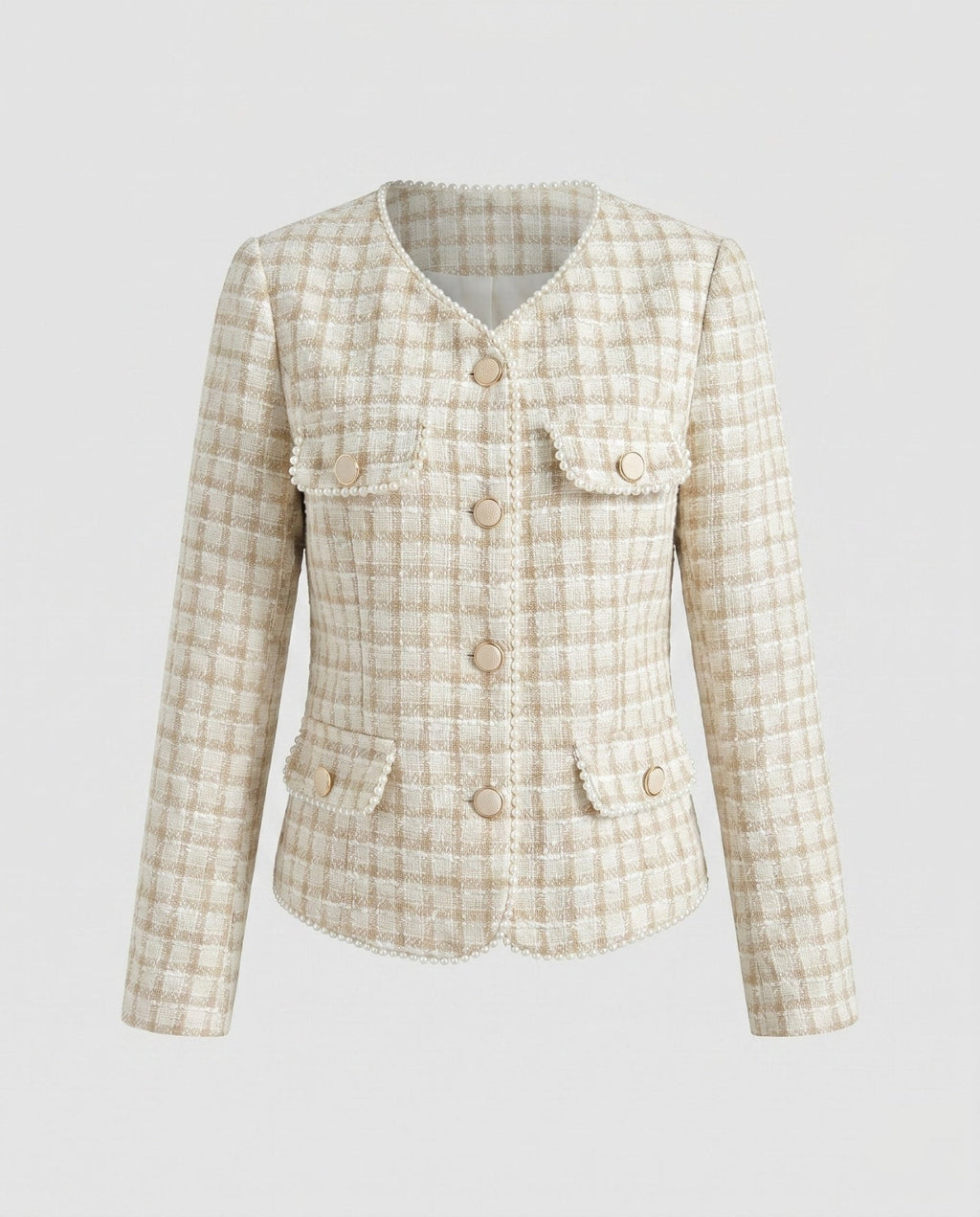 Women's Tweed Blazer with Decorative Button Details and Elegant Pockets - Chichicherry