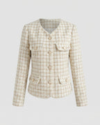 Women's Tweed Blazer with Decorative Button Details and Elegant Pockets - Chichicherry